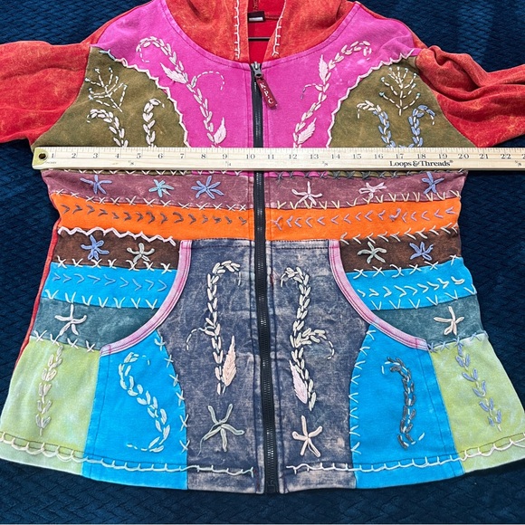 MPC Colorful Patchwork Embroidered Stitching Sip Front Hooded Jacket Artsy - Picture 17 of 17